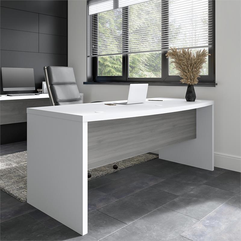 Echo 72W Bow Front Desk in Pure White and Modern Gray - Engineered Wood