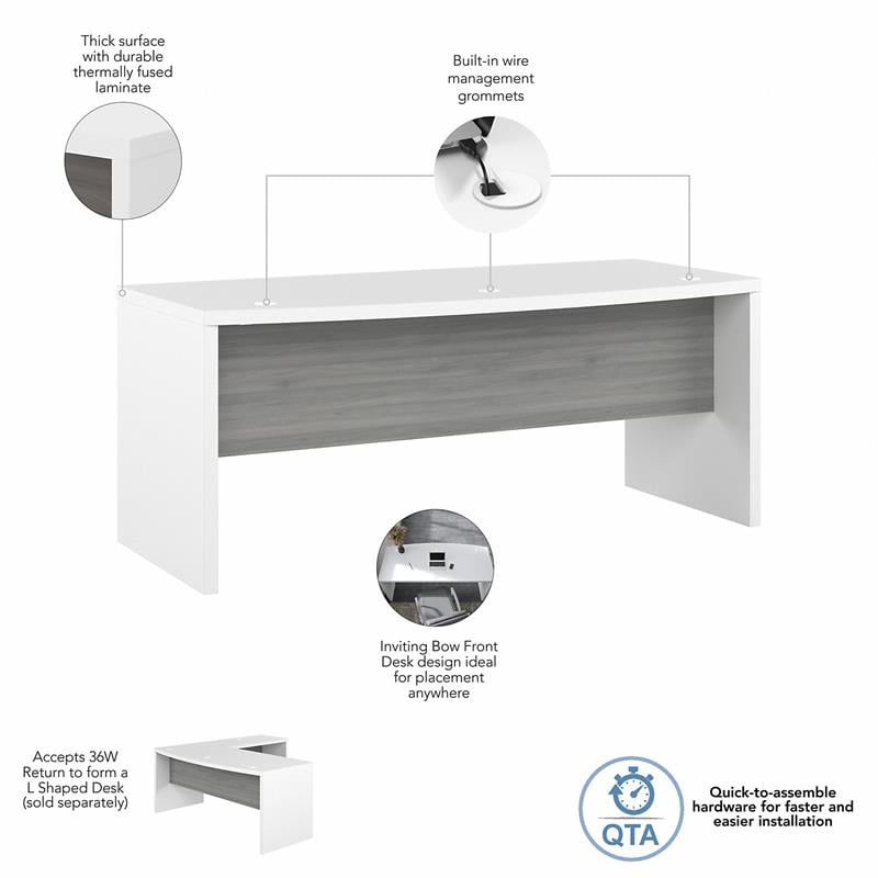 Echo 72W Bow Front Desk in Pure White and Modern Gray - Engineered Wood