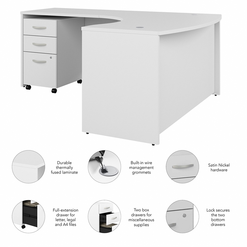 Studio C 60W Left Hand L-Bow Desk with Drawers in White - Engineered Wood