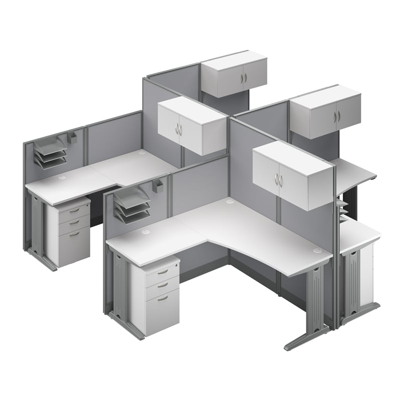 Office in an Hour 4 Person L Cubicle Desk Set in Pure White - Engineered Wood