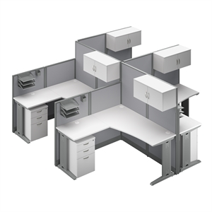 Office in an Hour 4 Person L Cubicle Desk Set in Pure White - Engineered Wood