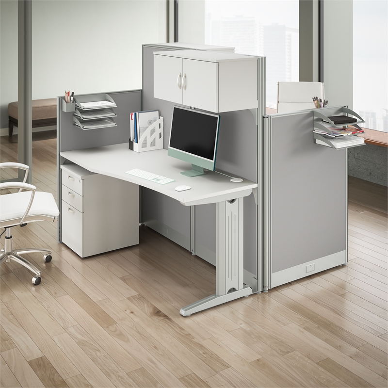 Office in an Hour 2 Person Cubicle Desk Set in Pure White - Engineered Wood
