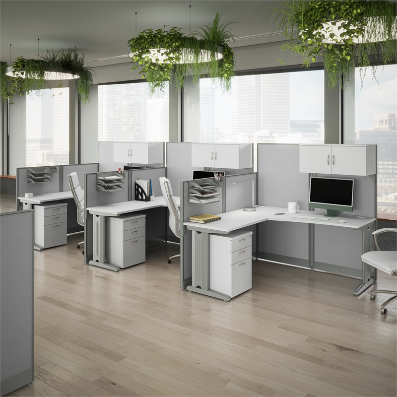 Office in an Hour 3 Person L Cubicle Desk Set in Pure White - Engineered Wood
