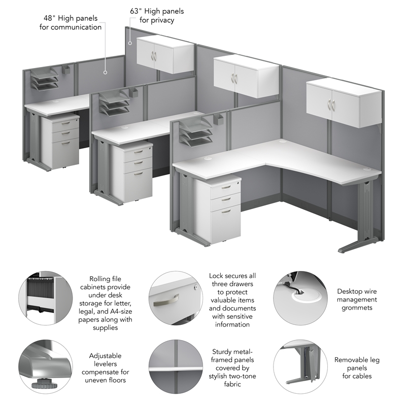 Office in an Hour 3 Person L Cubicle Desk Set in Pure White - Engineered Wood