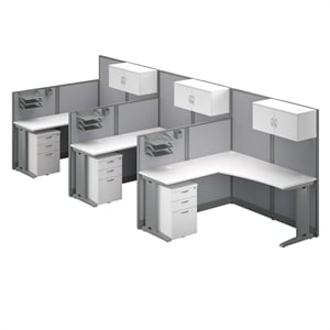 Office in an Hour 3 Person L Cubicle Desk Set in Pure White - Engineered Wood