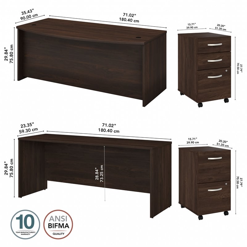 Studio C 72W Desk Set with File Cabinets in Black Walnut - Engineered Wood