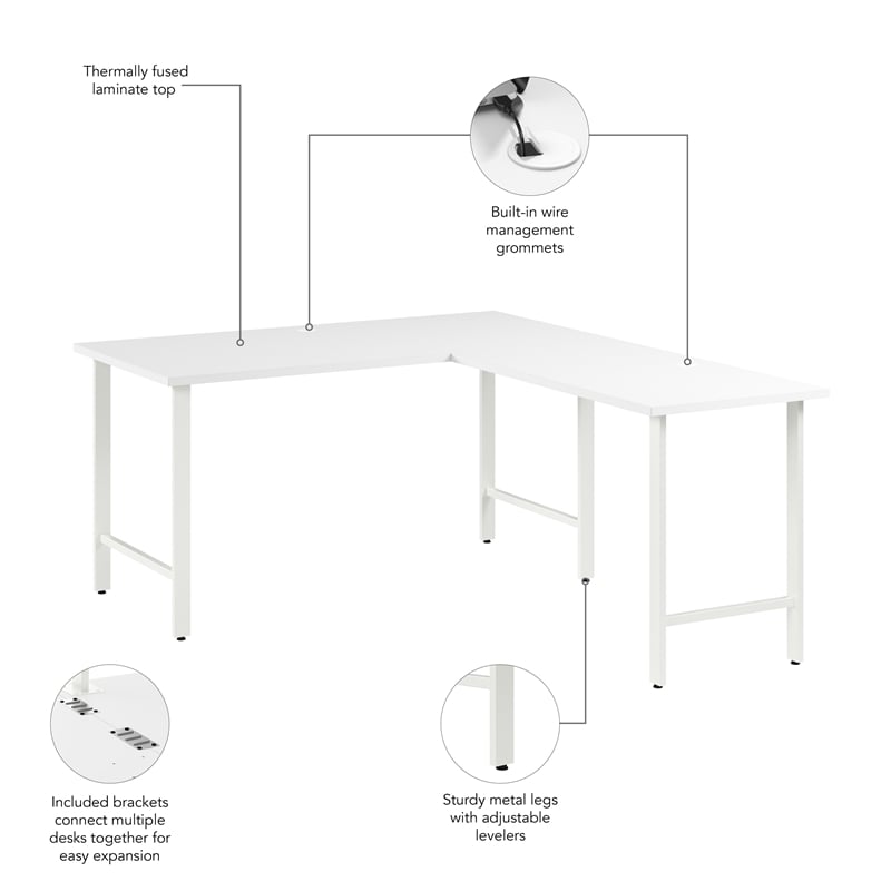 Hustle 60W L Shaped Computer Desk with Metal Legs in White - Engineered Wood
