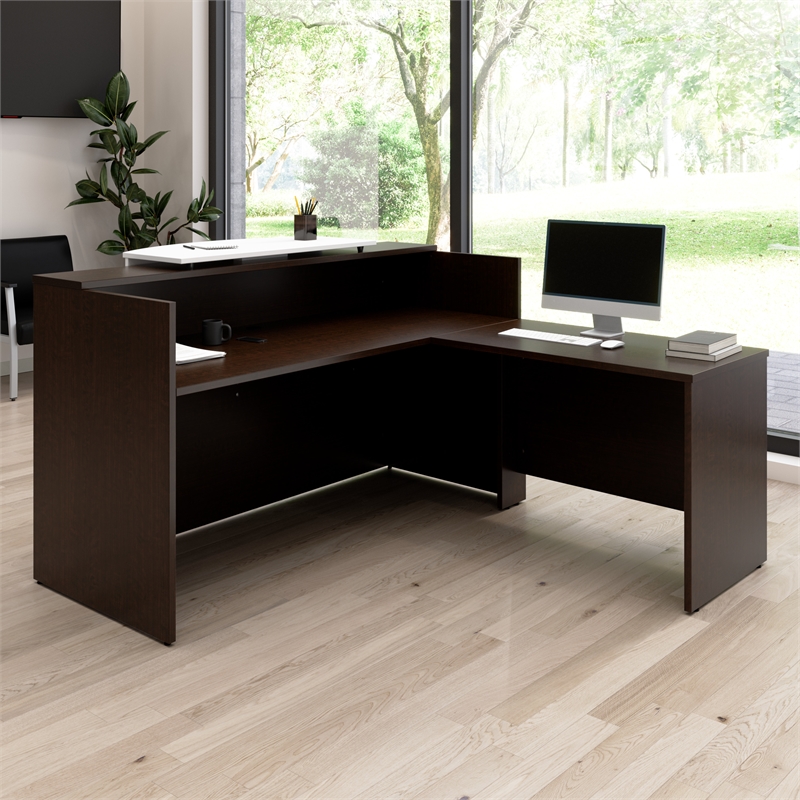 Arrive 72W x 72D L Reception Desk with Counter in Mocha Cherry - Engineered Wood