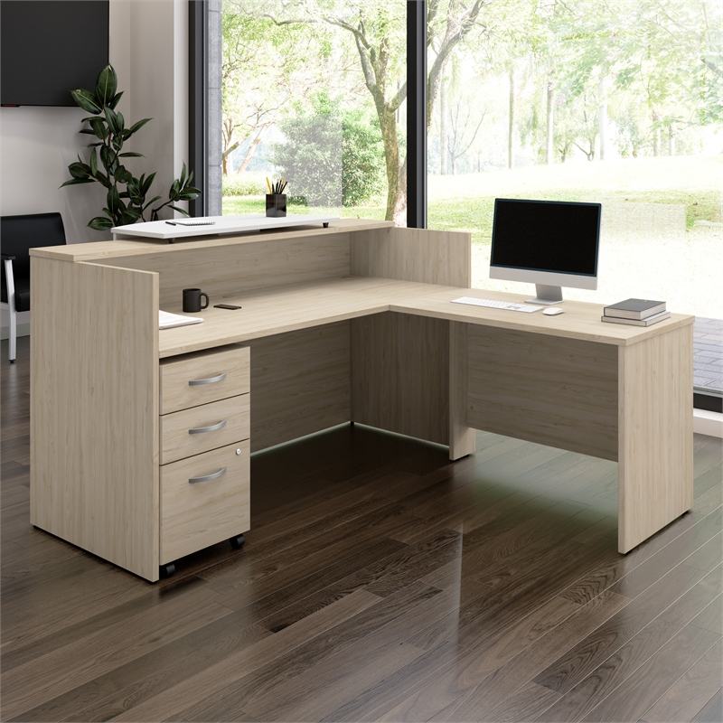Arrive 72W x 72D L Reception Desk with Drawers in Natural Elm - Engineered Wood