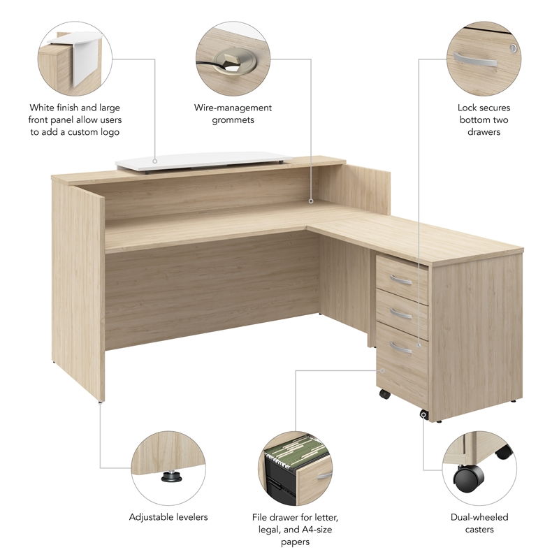 Arrive 72W x 72D L Reception Desk with Drawers in Natural Elm - Engineered Wood