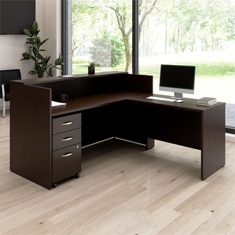 Arrive 72W x 72D L Reception Desk with Drawers in Mocha Cherry - Engineered Wood