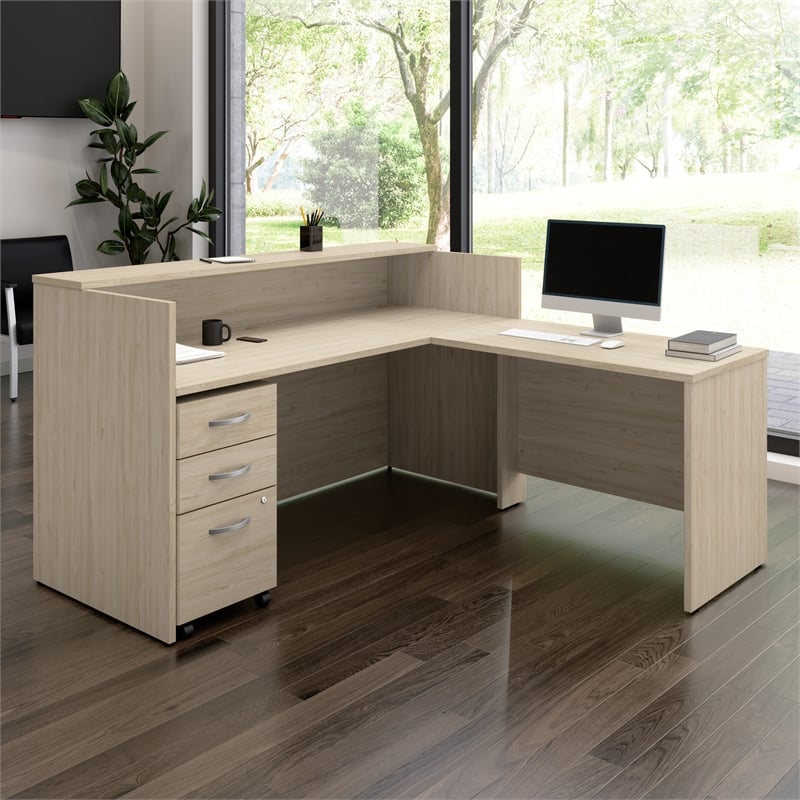 Arrive 72W x 72D L Reception Desk with Drawers in Natural Elm - Engineered Wood