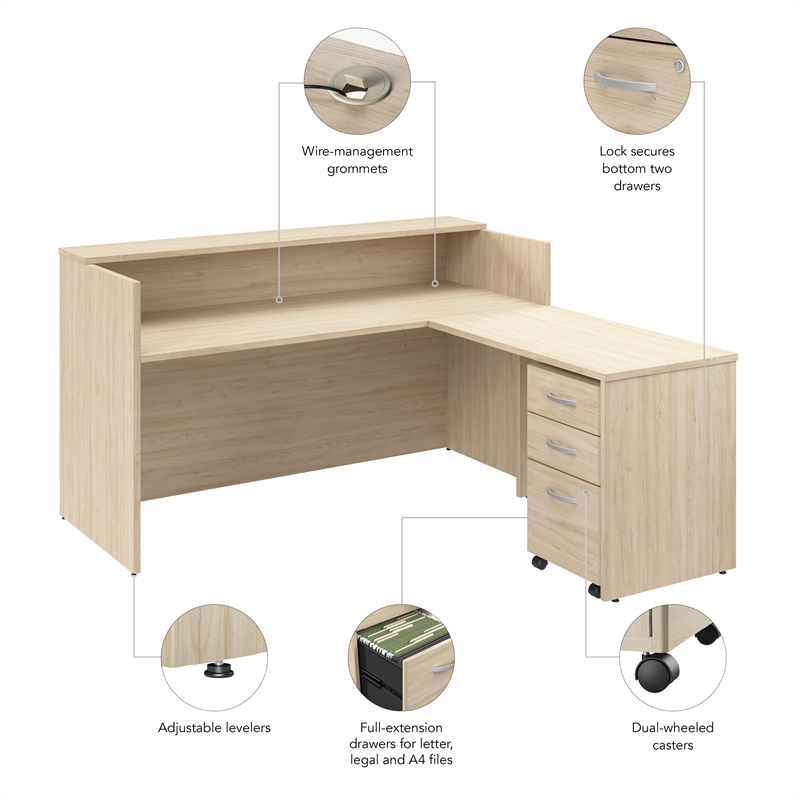 Arrive 72W x 72D L Reception Desk with Drawers in Natural Elm - Engineered Wood