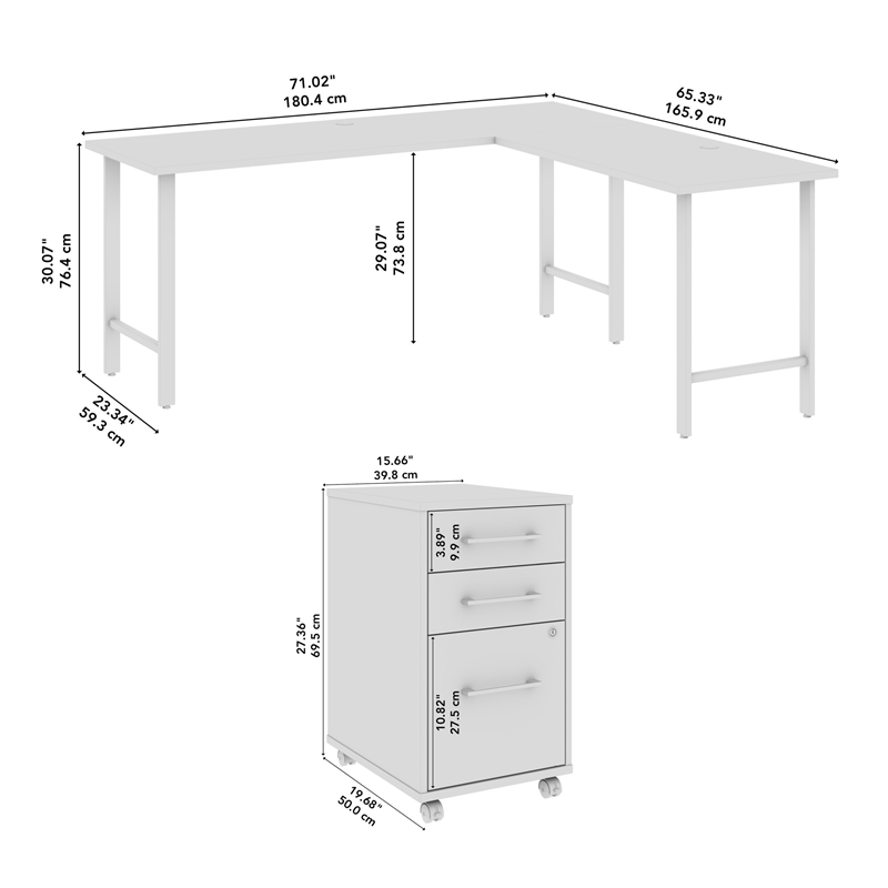 Hustle 72W x 24D L Shaped Computer Desk with Drawers in White - Engineered Wood