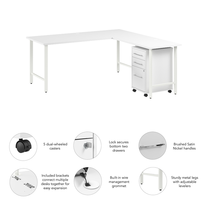 Hustle 72W x 30D L Shaped Computer Desk with Drawers in White - Engineered Wood