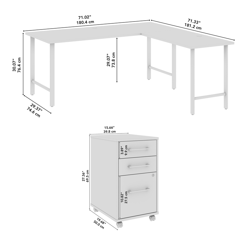 Hustle 72W x 30D L Shaped Computer Desk with Drawers in White - Engineered Wood