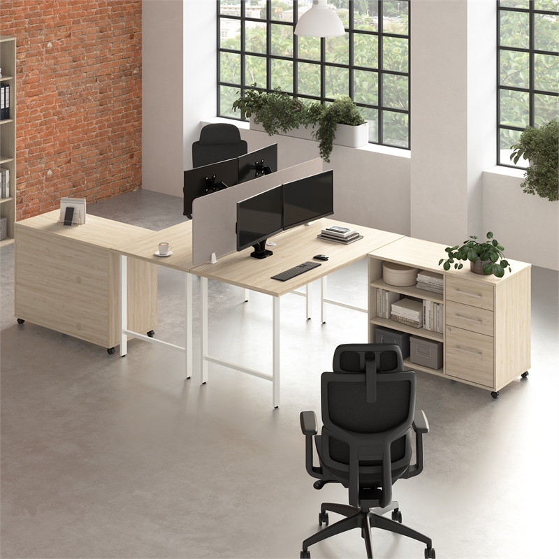 Hustle 2 Person Desk with Mobile Storage in Natural Elm - Engineered Wood