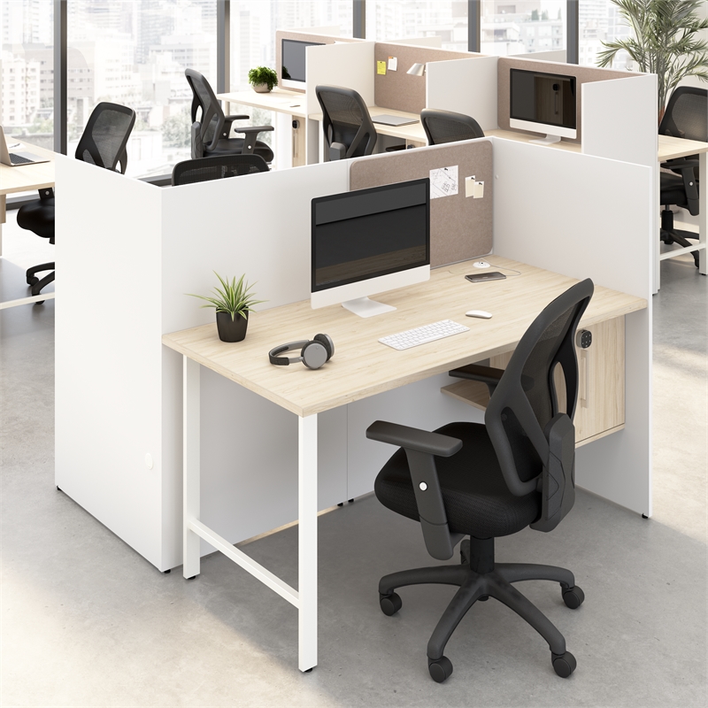 Hustle 60W 2 Person Cubicle Desk with Storage in White/Elm - Engineered Wood