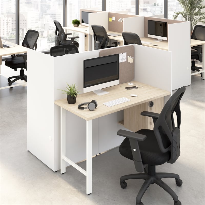 Hustle 48W 2 Person Cubicle Desk with Storage in White/Elm - Engineered Wood