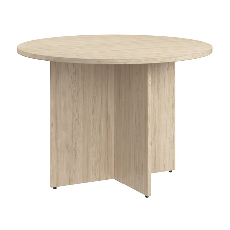 42W Round Conference Table with Wooden Base in Natural Elm - Engineered Wood