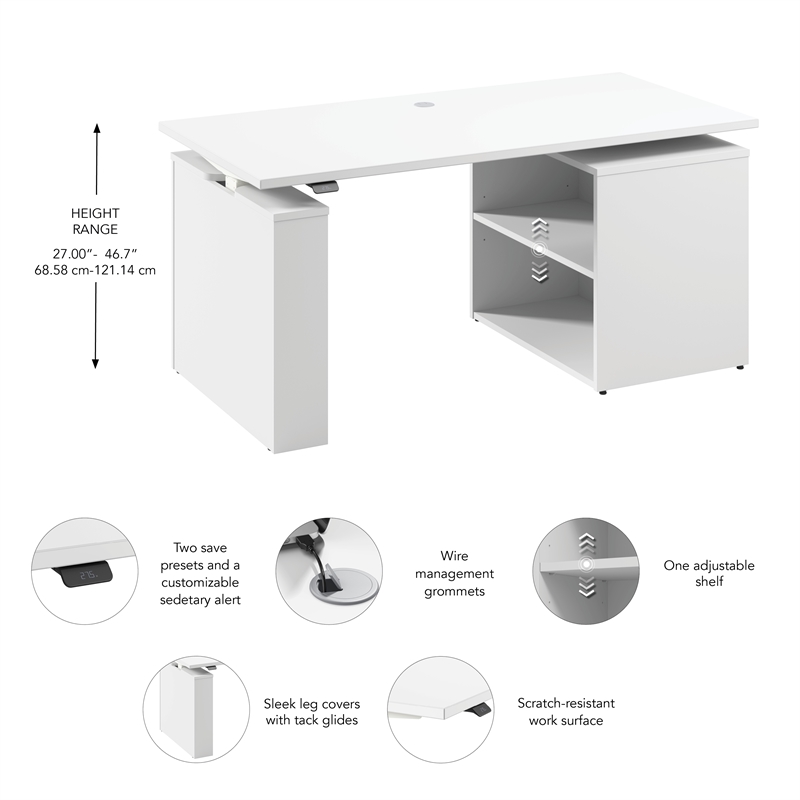 Stratus 60W x 30D Standing Desk with Bookcase in White - Engineered Wood