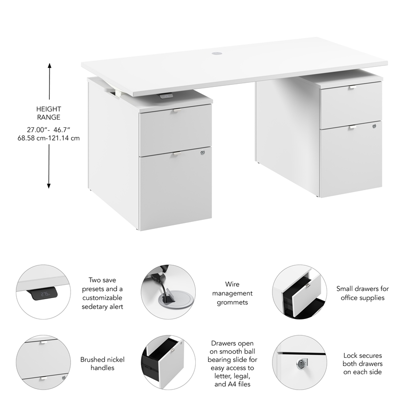 Stratus 60W Standing Desk with Drawers in White - Engineered Wood