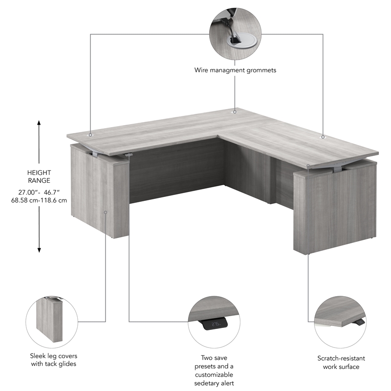 Stratus 72W x 78D L Shaped Standing Desk in Platinum Gray - Engineered Wood