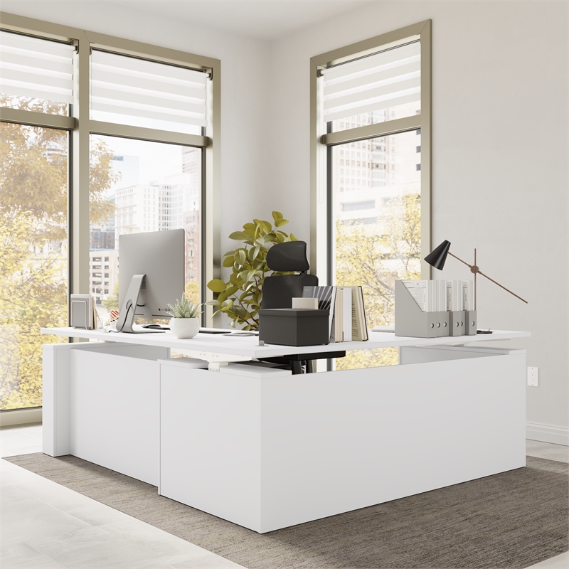 Stratus 72W x 78D L Shaped Standing Desk in White - Engineered Wood