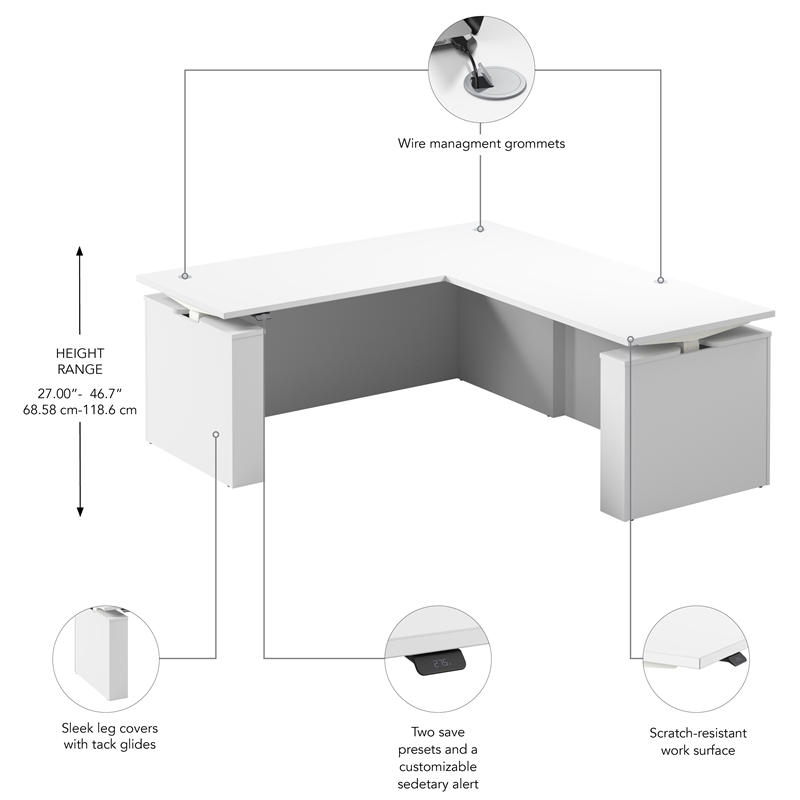 Stratus 72W x 78D L Shaped Standing Desk in White - Engineered Wood