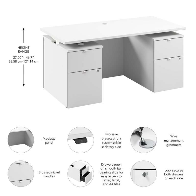 Stratus 60W Standing Desk with Drawers & Panel in White - Engineered Wood