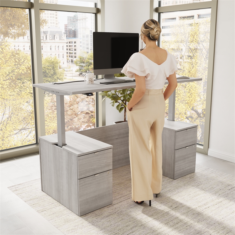 Stratus 72W Standing Desk with Drawers & Panel in Platinum Gray -Engineered Wood