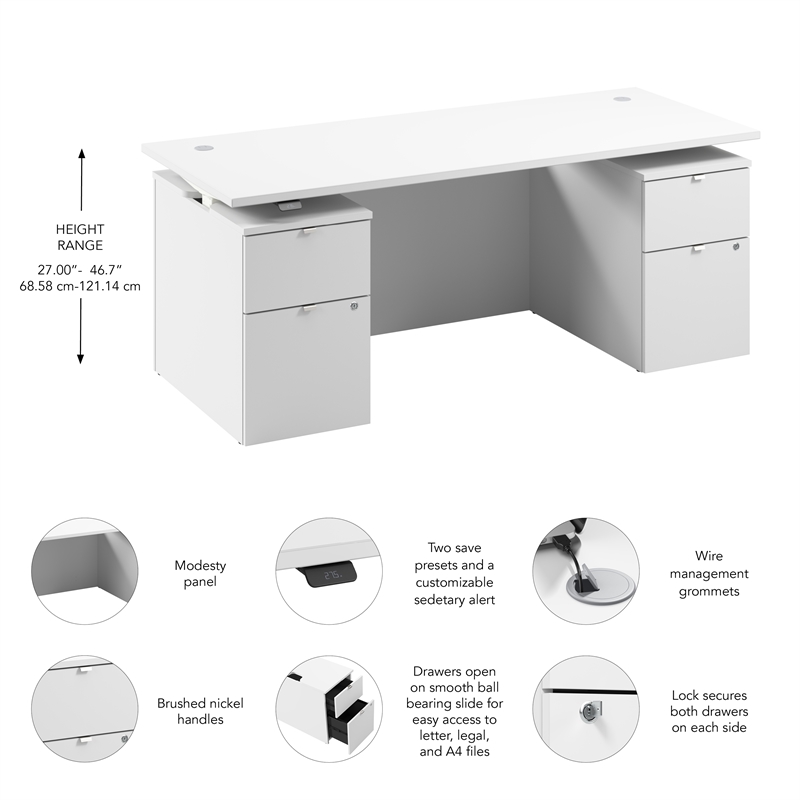 Stratus 72W Standing Desk with Drawers & Panel in White - Engineered Wood