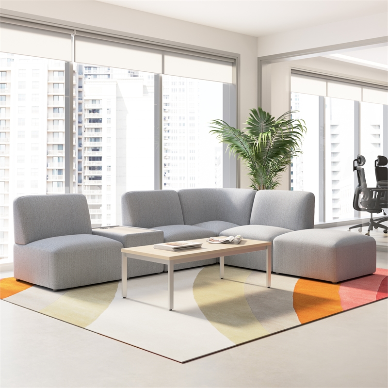 Assemble Modular 5 Seat L Shaped Sectional with Charging Station in Fog Fabric