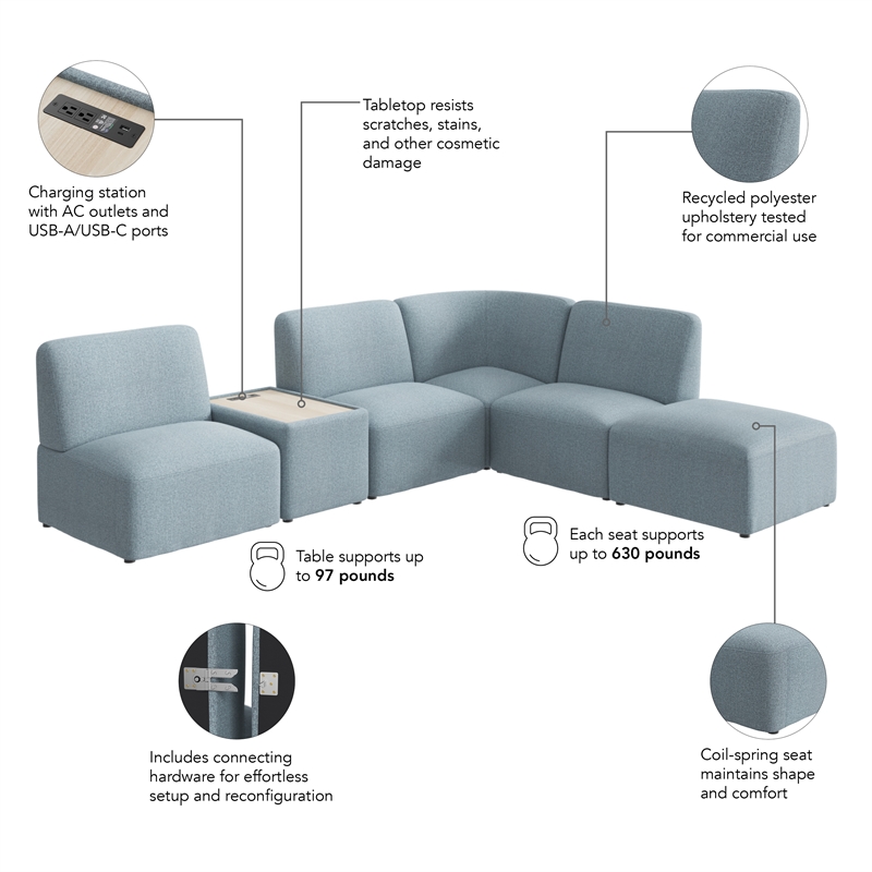 Assemble Modular 5 Seat L Shaped Sectional with Charging Station in Mist Fabric