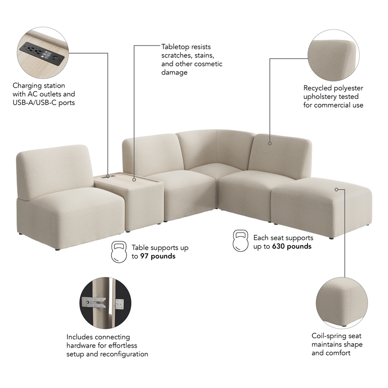 Assemble Modular 5 Seat L Shaped Sectional with Charging Station in Oat Fabric
