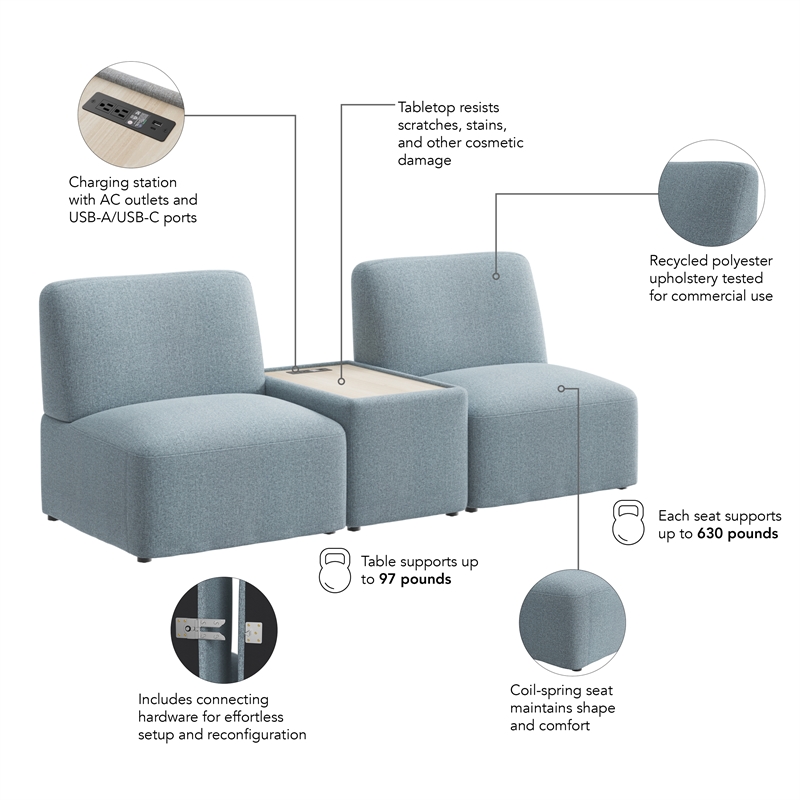 Assemble Modular 2 Seater Sectional with Charging Station in Mist Fabric
