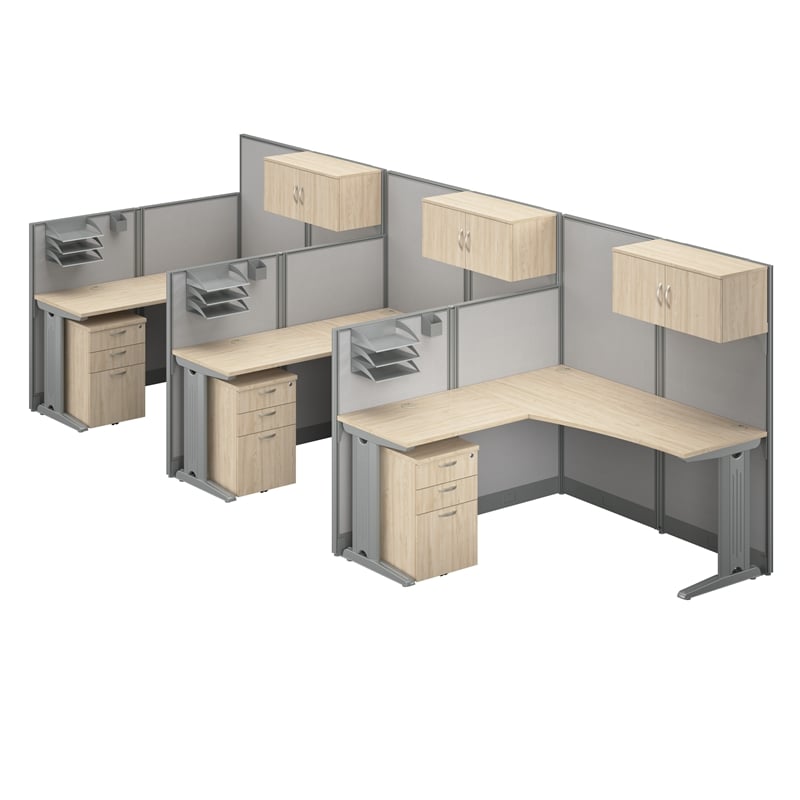 Office in an Hour 3 Person L Cubicle Desk Set in Natural Elm - Engineered Wood