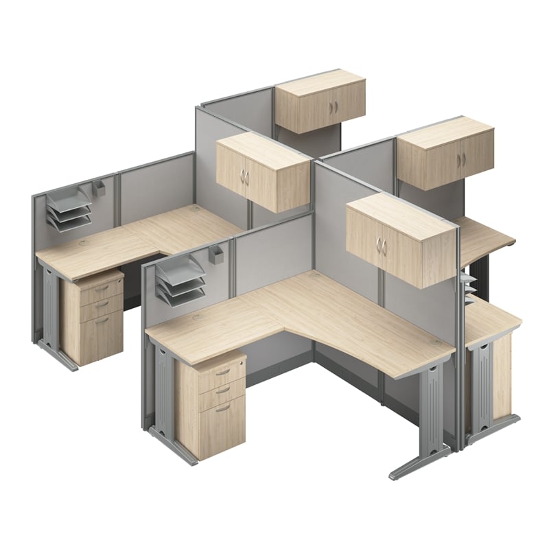 Office in an Hour 4 Person L Cubicle Desk Set in Natural Elm - Engineered Wood