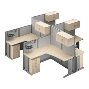 Office in an Hour 4 Person L Cubicle Desk Set in Natural Elm - Engineered Wood