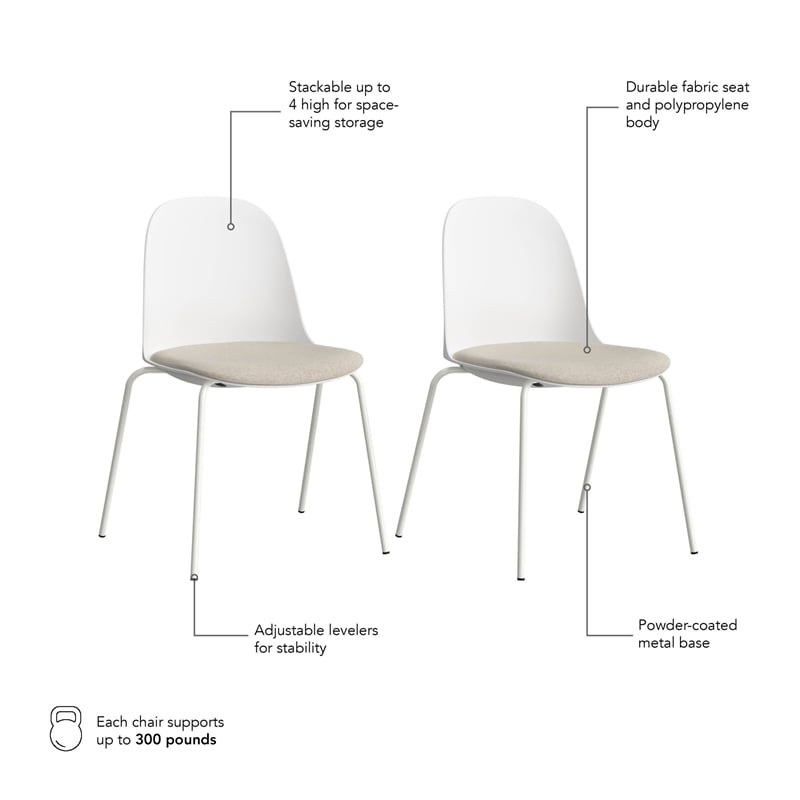 Gather Set of 2 Stackable Cafe Chairs w/ Upholstered Seats in White/Oat Fabric
