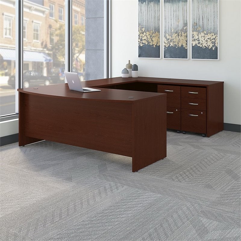 Series C 72W Bow Front U Desk with Drawers in Mahogany - Engineered Wood
