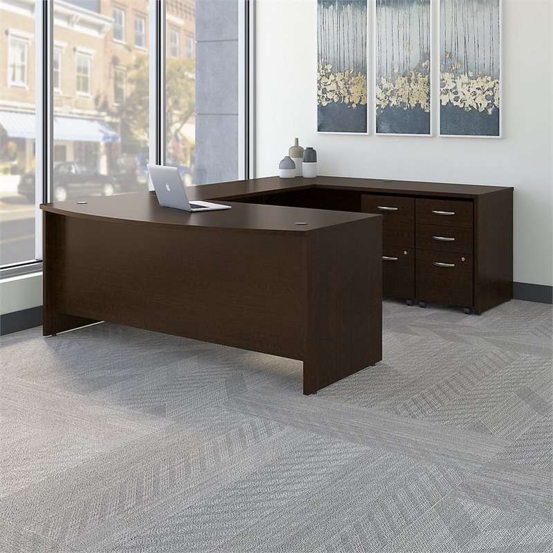 Series C 72W Bow Front U Desk with Drawers in Mocha Cherry - Engineered Wood