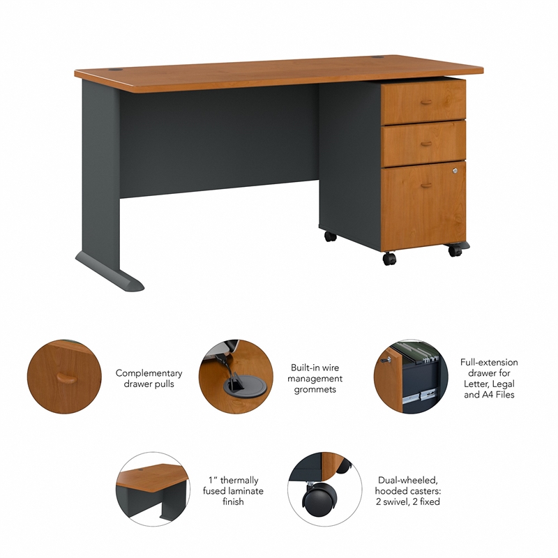 Series A 60W Desk with Drawers in Natural Cherry and Slate - Engineered Wood