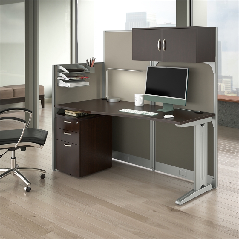 Office in an Hour Cubicle Desk with Storage in Mocha Cherry - Engineered Wood