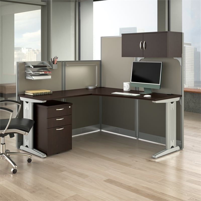Office in an Hour L Shaped Cubicle Desk Set in Mocha Cherry - Engineered Wood