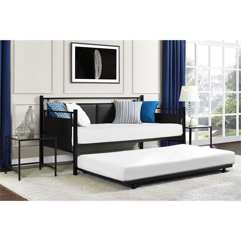 DHP Astoria Upholstered Twin Metal Daybed and Trundle in Black