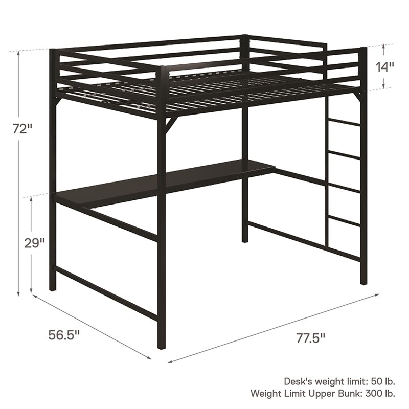 DHP Mabel Full Metal Loft Bed with Desk in Black