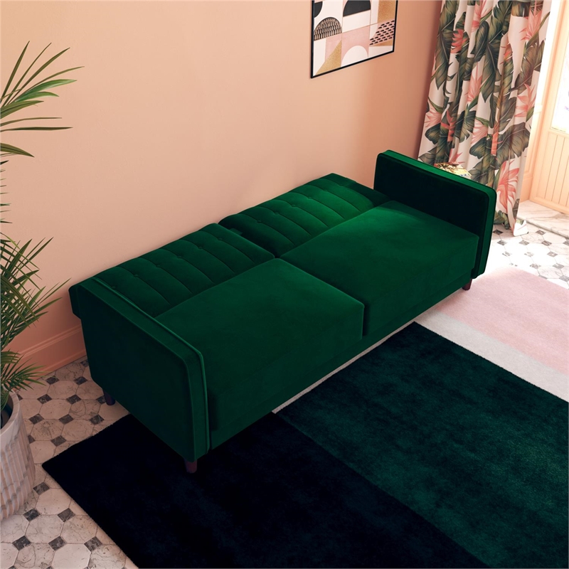 DHP Ivana Mid-Century Wood Tufted Transitional Futon in Green Velvet