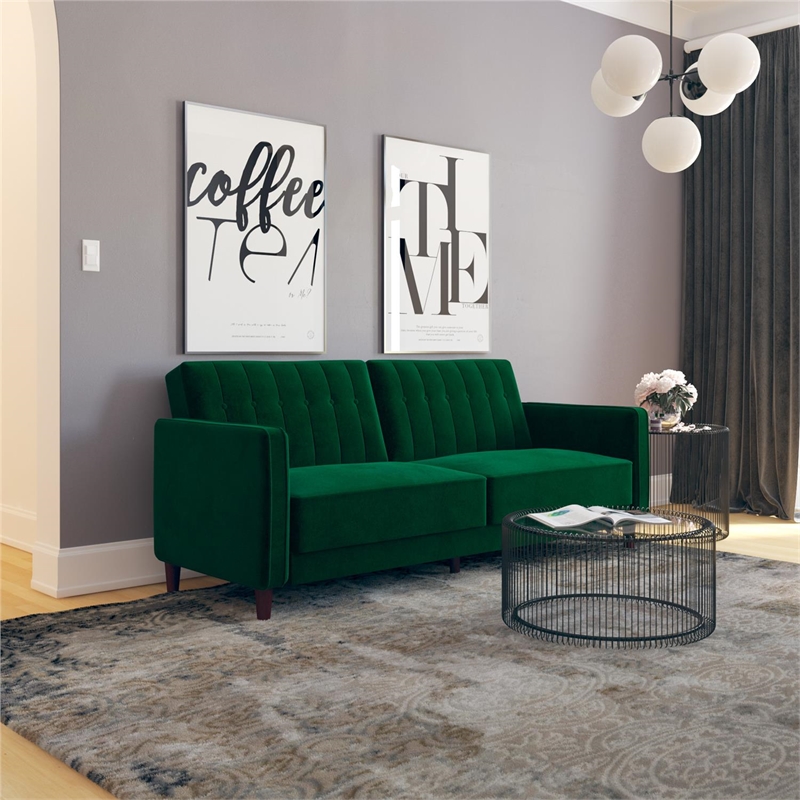 DHP Ivana Mid-Century Wood Tufted Transitional Futon in Green Velvet