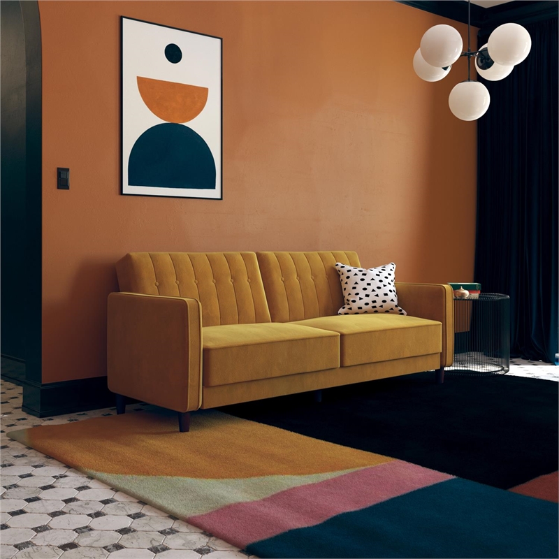 DHP Ivana Mid-Century Wood Tufted Transitional Velvet Futon in Mustard Yellow